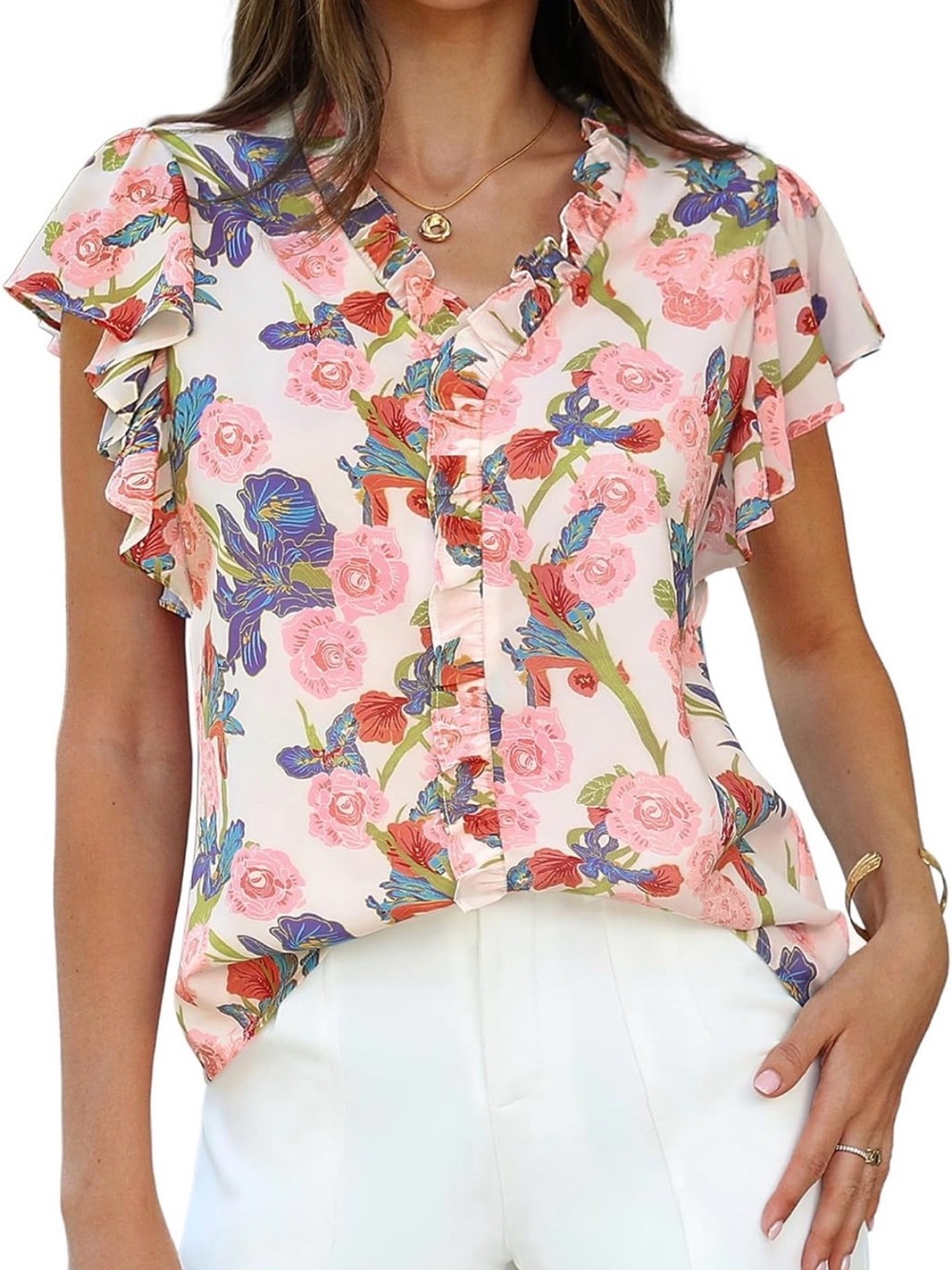 NWT - Floral Ruffle V-Neck Blouse - Pink Floral